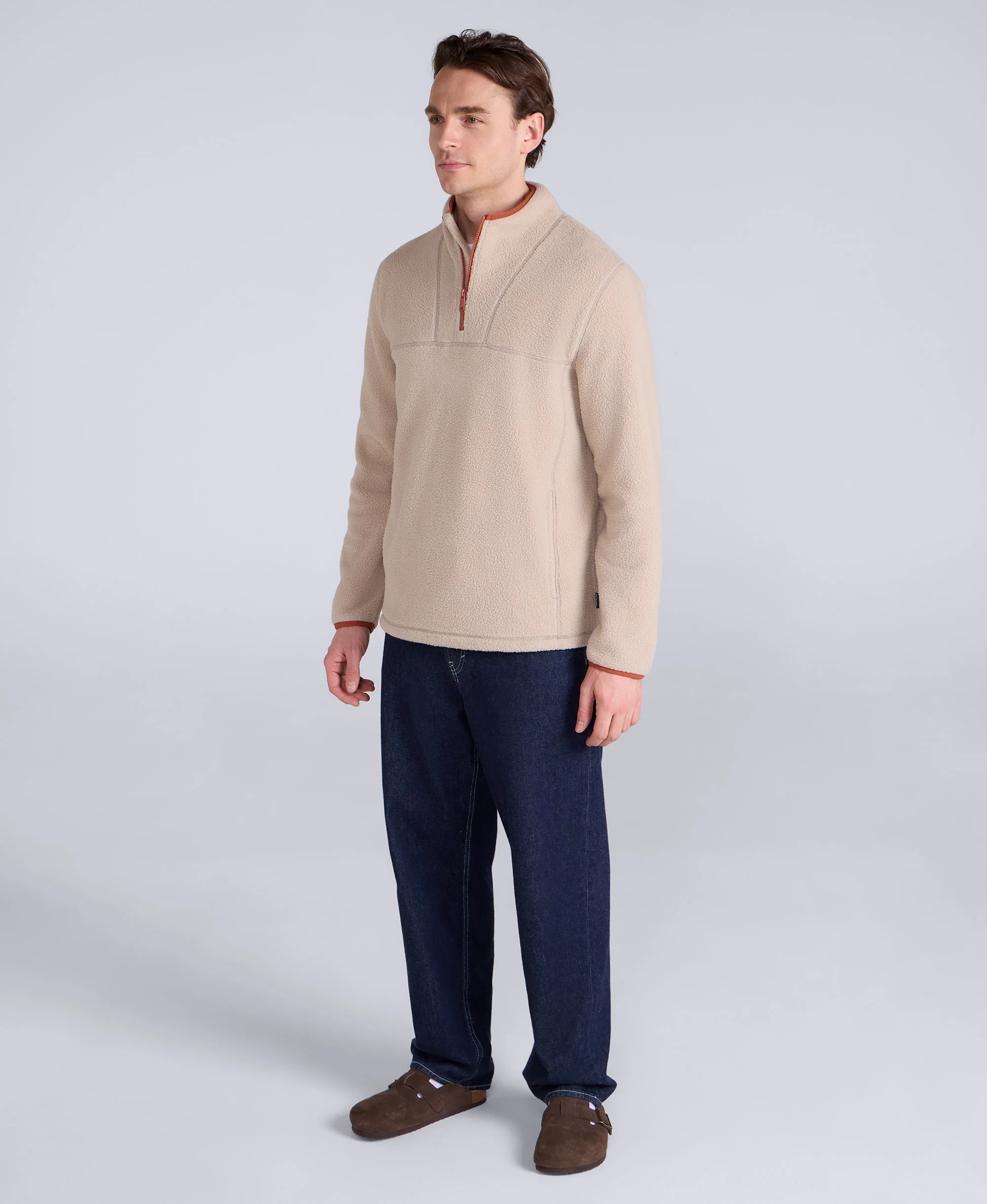 Alfie Mens Borg Contrast Trim Half Zip Fleece - Light Beige - Image 2