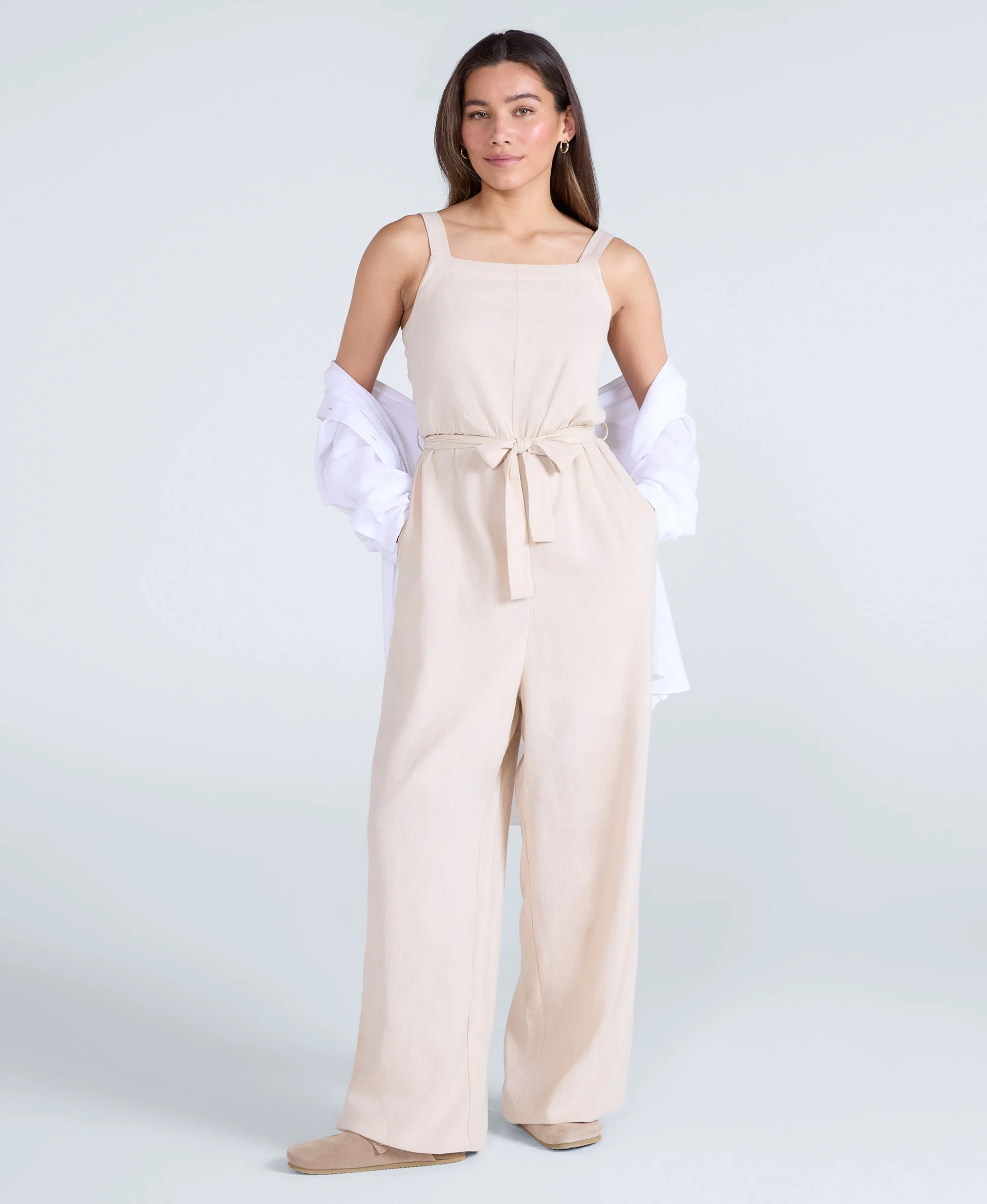 Becca Womens Linen Jumpsuit - Beige - Image 3